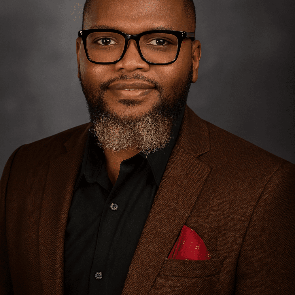 Professional portrait of a Kenyan founder in a soft-lit studio, wearing a brown blazer and black shirt, exuding confidence and leadership.