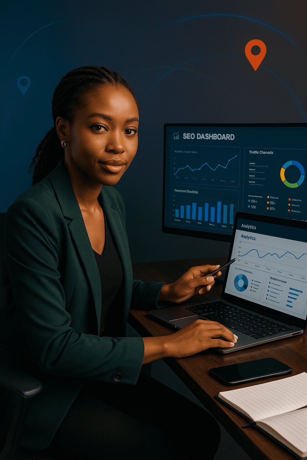 Kenyan digital professional working confidently at a dual-monitor setup with SEO and analytics dashboards, representing AdVance Global’s silent fulfillment for agencies.