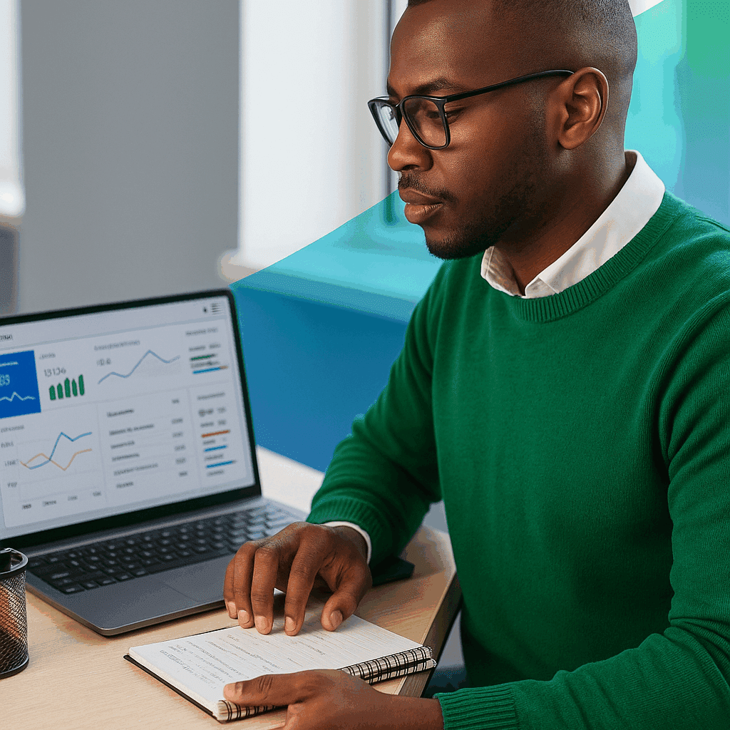 African male professional analyzing marketing data on laptop in a modern office, representing AdVance Performance.