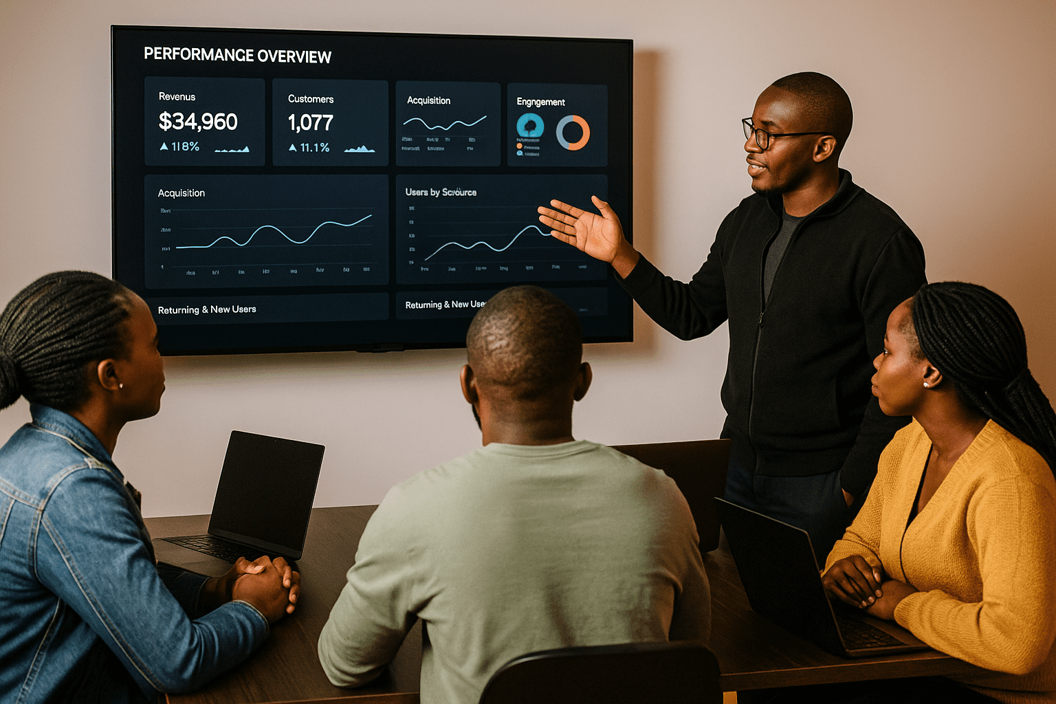 Digital operator presenting a KPI dashboard on a large wall screen to a team.
