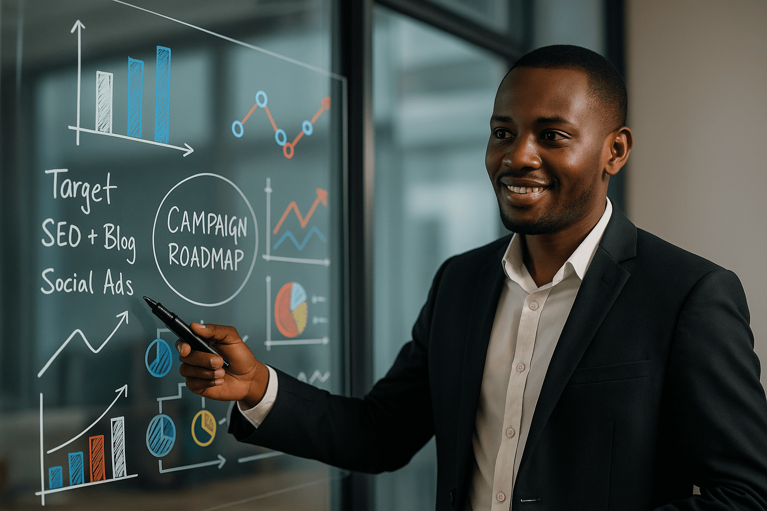 Kenyan digital strategist presenting a campaign roadmap on a glass board with charts.
