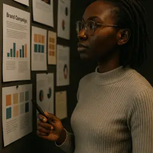 Kenyan creative director analyzing a brand campaign mood board in a strategy room