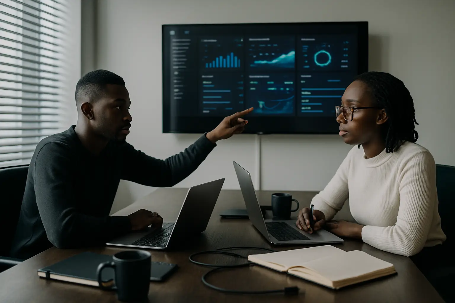 kTwo Kenyan digital strategists collaborating on a marketing campaign in a minimalist office