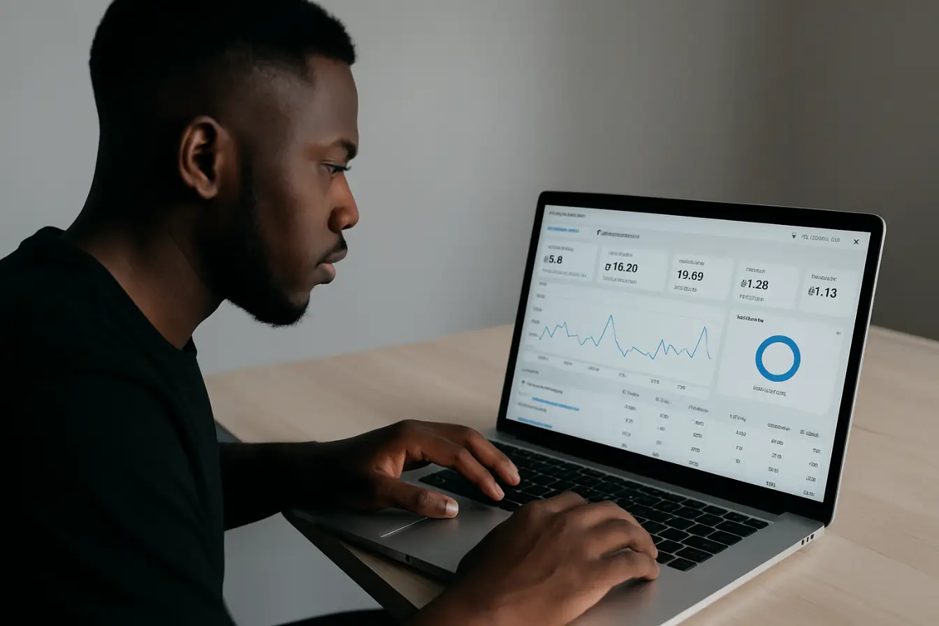 Kenyan digital marketer reviewing Meta Ads dashboard on laptop