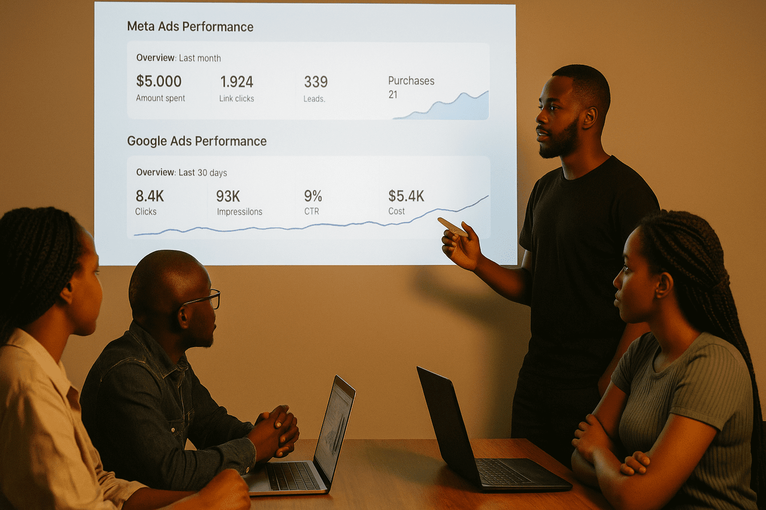 Creative team in Kenya reviewing Meta and Google Ads performance on a projector.