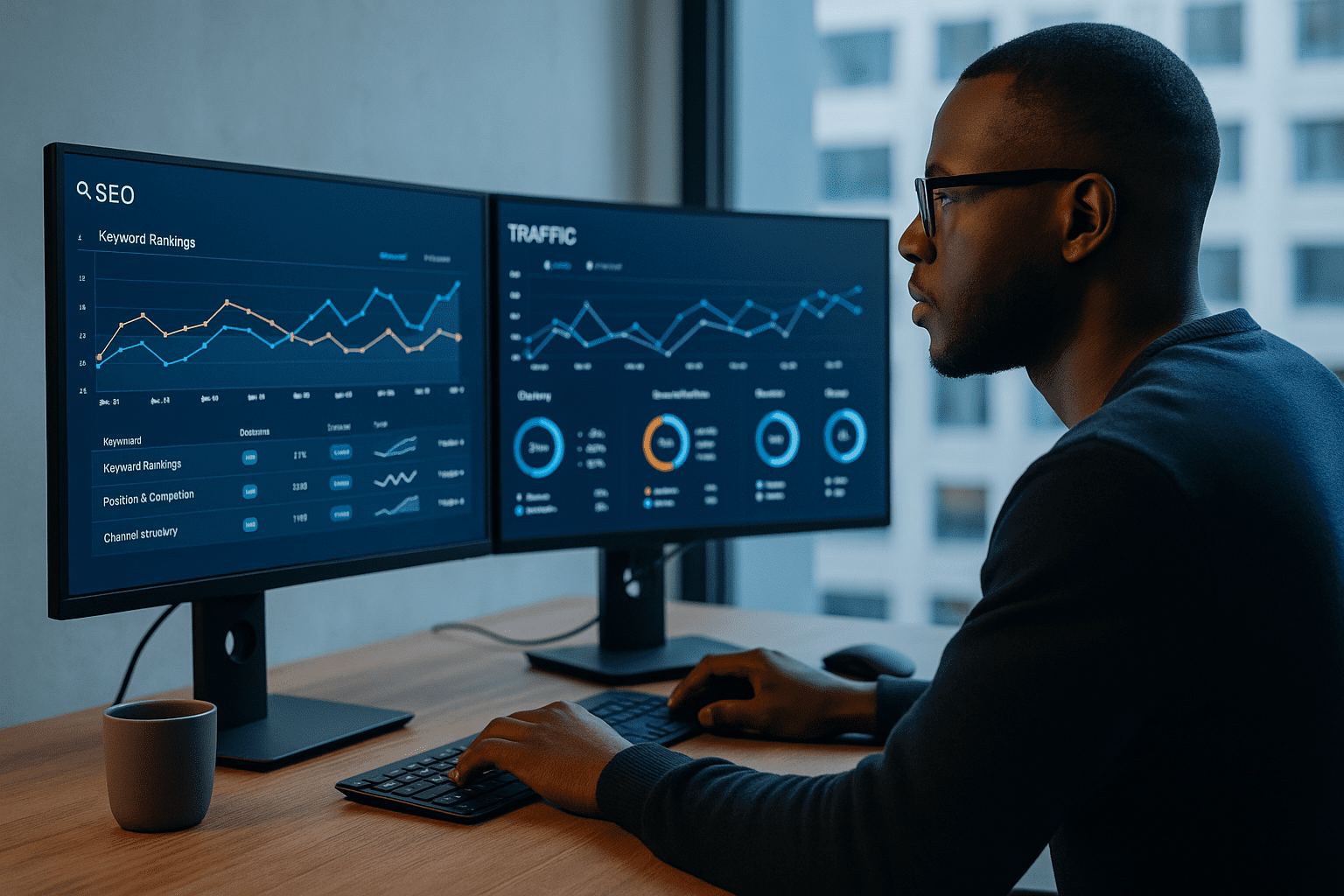 African marketer analyzing SEO dashboards on dual monitors in a modern office.