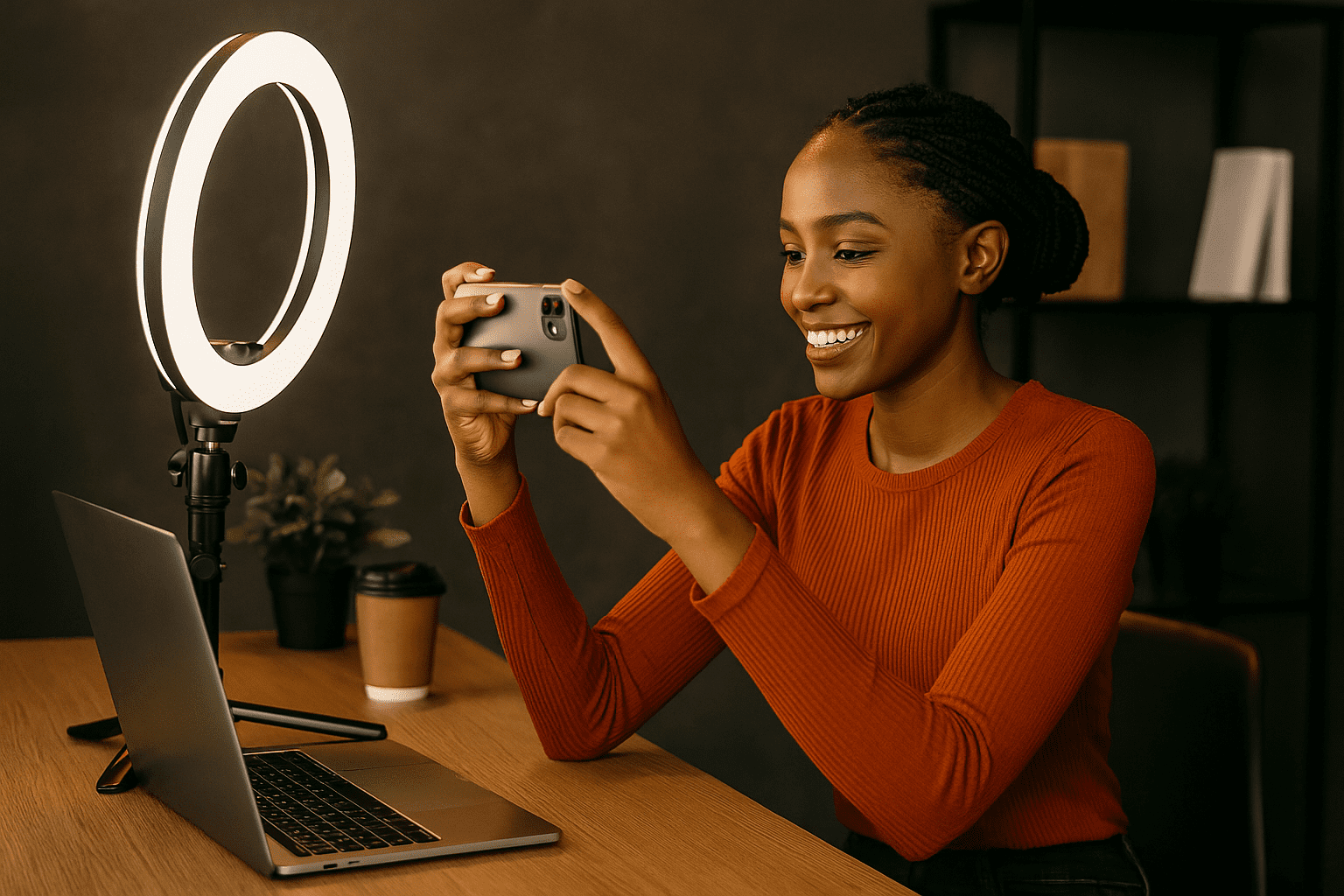 Young Kenyan creative capturing social media content with phone and ring light.